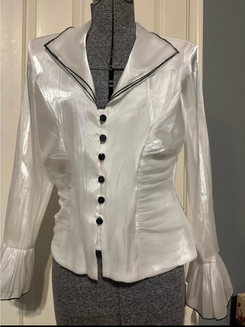 Vintage White Satin Blouse with Black Trim